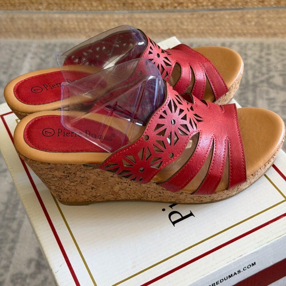 Pierre Dumas Crystal-5 Red Cork Wedge Slide Sandals 7